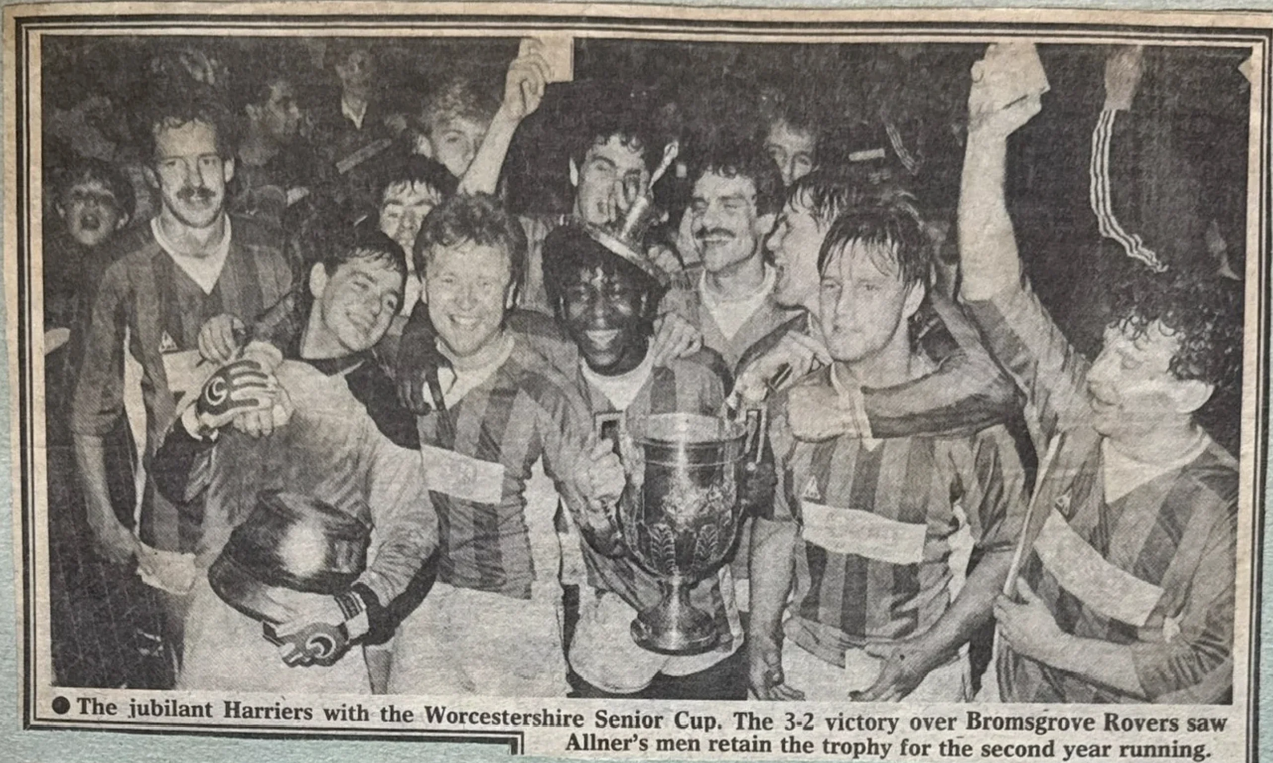 ● The jubilant Harriers with the Worcestershire Senior Cup. The 3-2 victory over Bromsgrove Rovers saw Allner's men...