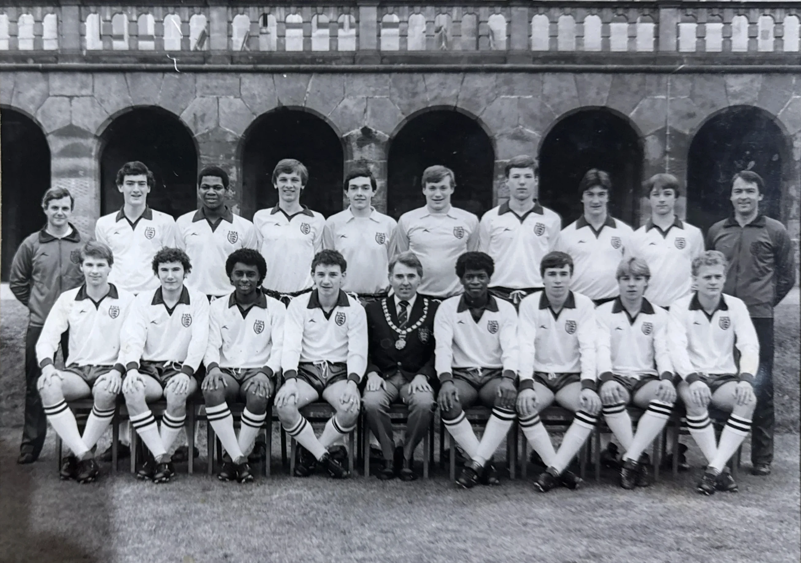 Youth team squad photograph with mayor, players in white strip