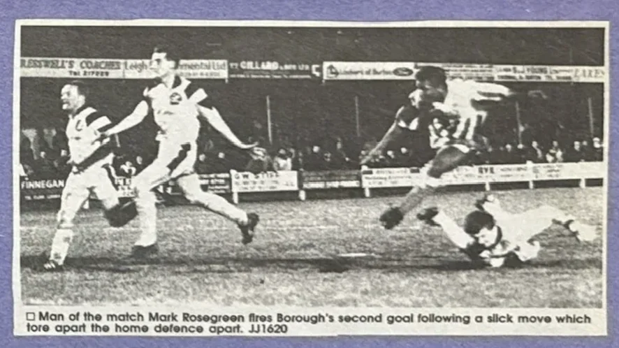 □ Man of the match Mark Rosegreen fires Borough's second goal following a slick move which tore apart the home defence...